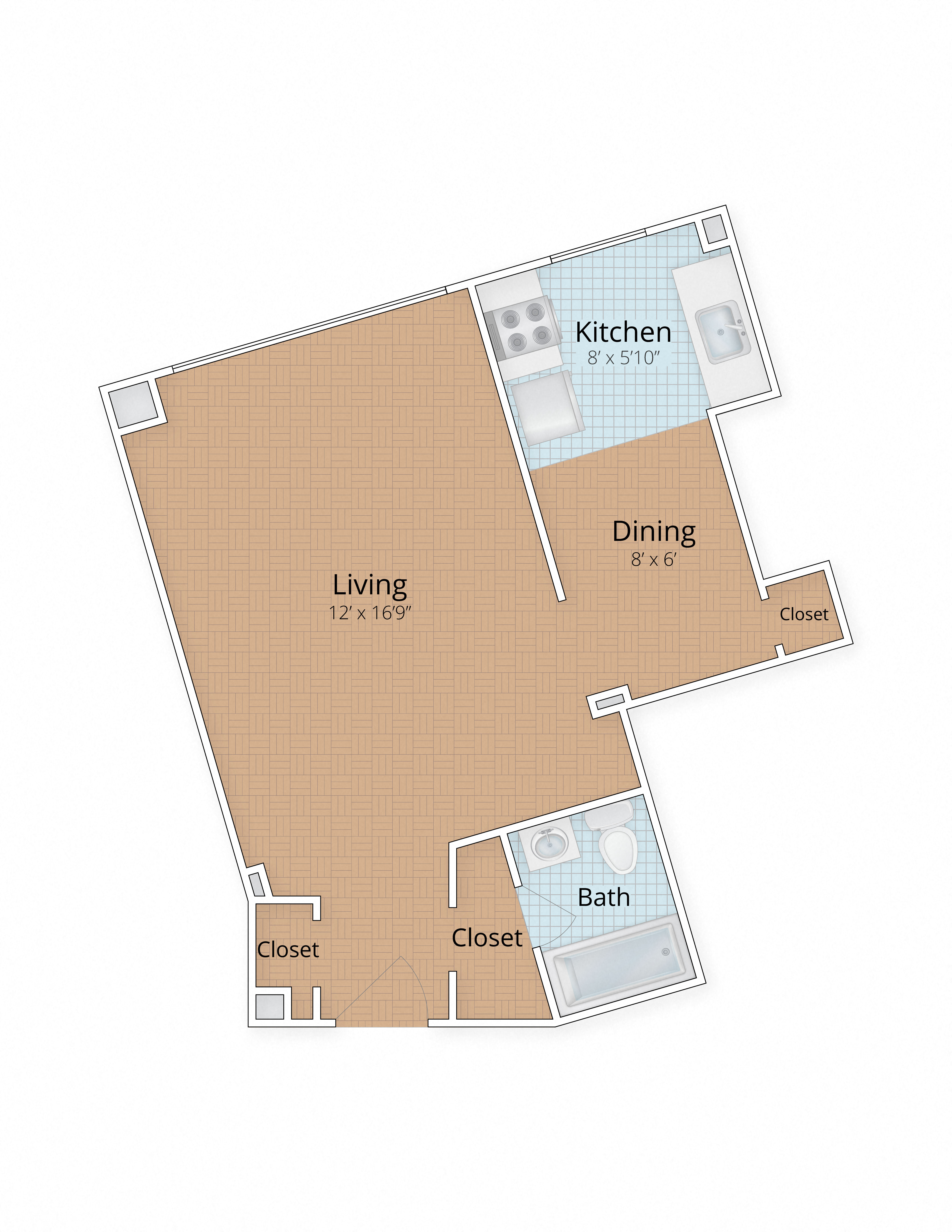 Floor plan for studio, 1 bath, 428 sqft
